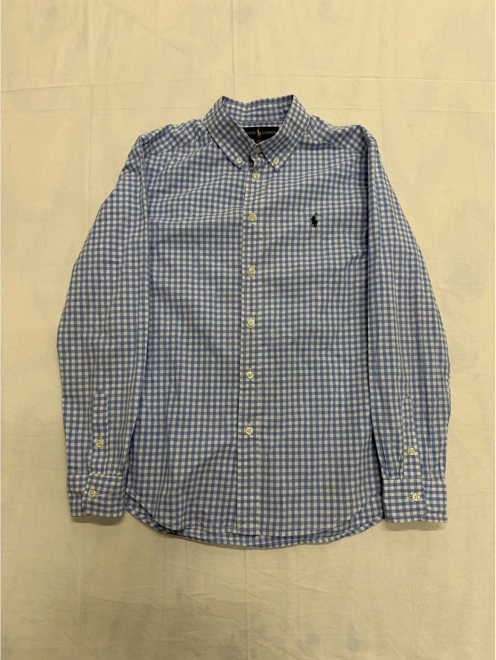 Ralph Lauren Blue and White Gingham Button-Down Shirt, Size L (14-16)